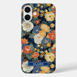 Japanese Blue Floral Pattern Monogrammed iPhone 16 Plus Hülle