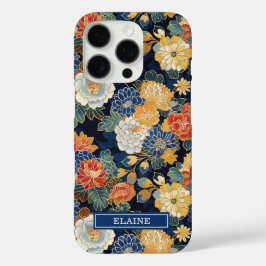 Japanese Blue Floral Pattern Monogrammed iPhone 16 Pro Hülle