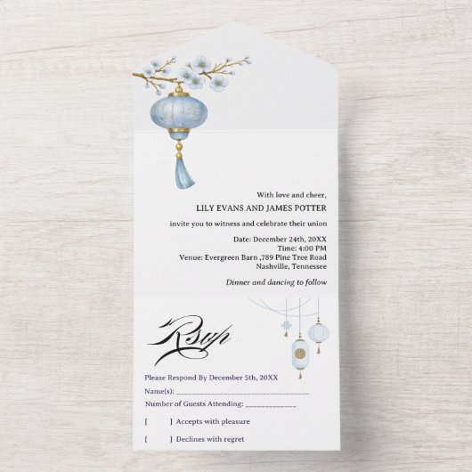 Japanese Blue Lantern Wedding All In One Einladung (Innen Boden)