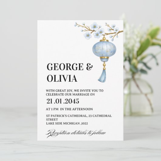 Japanese Blue Lantern Wedding Einladung (Stehend Vorderseite)