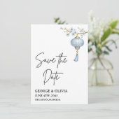 Japanese Blue Lantern Wedding Save the Date Card (Stehend Vorderseite)