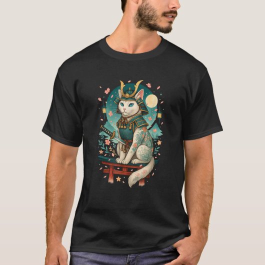 Japanese Cat Cherry Blossom Samurai Moonlight T-Shirt (Vorderseite)