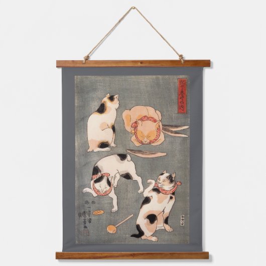 Japanese Cats, Kuniyoshi, Ukiyo-e Wandteppich Mit Holzrahmen (Vorderseite)