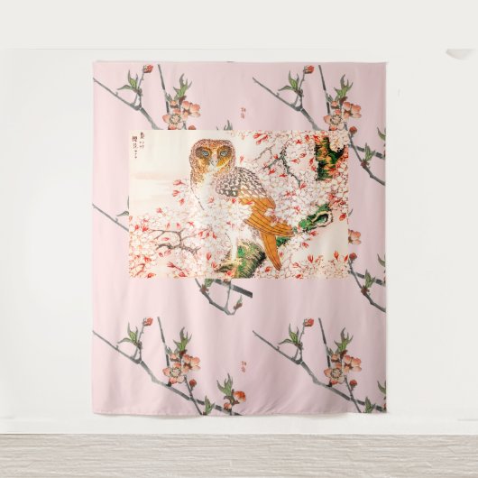 JAPANESE CHERRY BLOSSOM AND OWL Tapestry Wandteppich (Vorderseite)