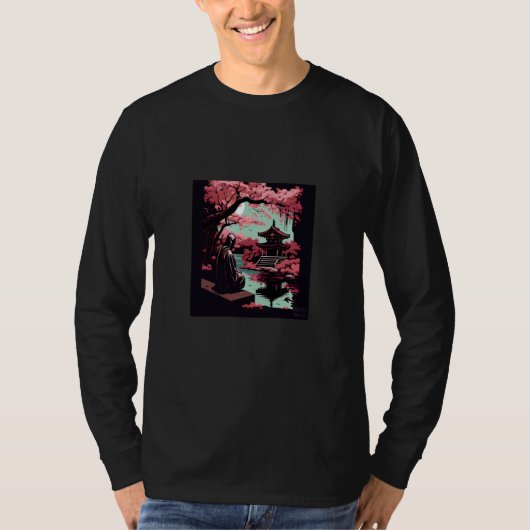 Japanese Cherry blossom garden with monk praying t T-Shirt (Vorderseite)