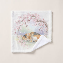 Japanese Cherry Blossom & Sleeping Cat Watercolor Waschlappen