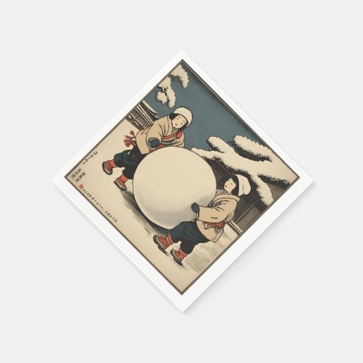Japanese children rolling large snow ball serviette (Ecke)
