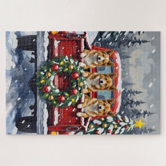 Japanese Chin Christmas Red Truck Holiday Puzzle (Horizontal)