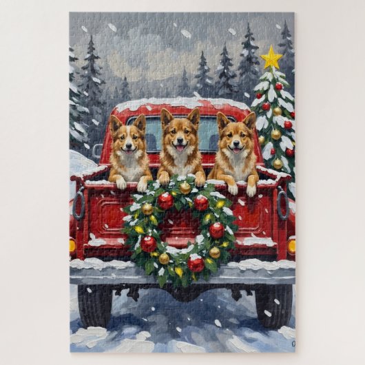 Japanese Chin Christmas Red Truck Holiday Puzzle (Vertikal)