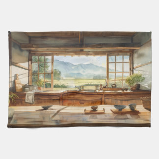 Japanese Countryside Kitchen with Rice Field View Geschirrtuch