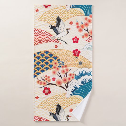 Japanese Crane and Cherry Blossom Waves Badehandtuch (Badehandtuch)