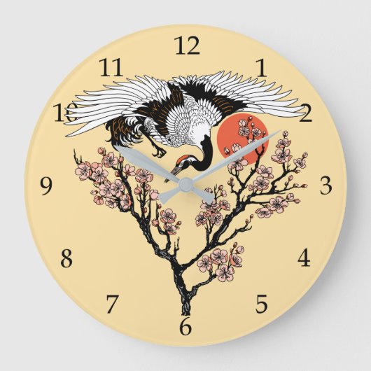 Japanese crane bird and blooming sakura große wanduhr (Vorderseite)