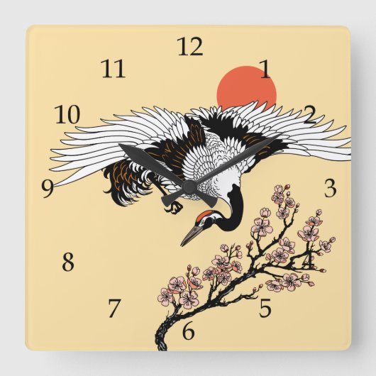 Japanese crane bird and blooming sakura quadratische wanduhr (Vorderseite)