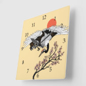 Japanese crane bird and blooming sakura quadratische wanduhr (Winkel)