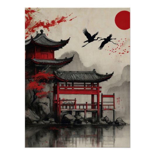 Japanese Crane Pagoda Red Sun Poster Zen Oriental (Vorderseite)