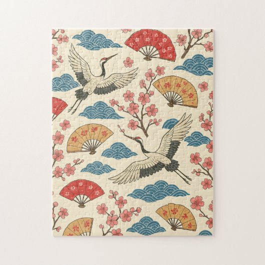 Japanese Crane Sakura Pattern Jigsaw Puzzle  (Vertikal)