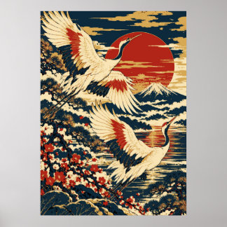 Japanese Cranes Mount Fuji Vintage Art Poster