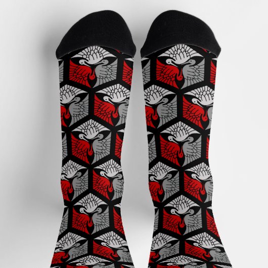Japanese Cranes, Red, Gray / Grey and Black Socken (Oben)