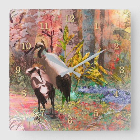 JAPANESE CRANES "Rising Sun" Quadratische Wanduhr (Vorderseite)