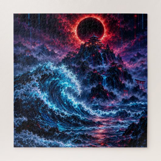 Japanese Cyberpunk Mountain Wave Eclipse Poster Puzzle (Vertikal)