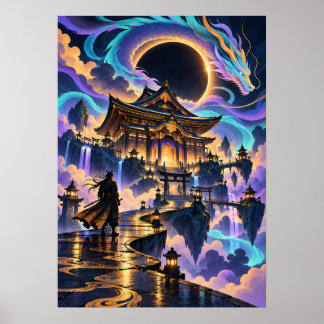 Japanese Dragon Samurai Fantasy Temple Poster