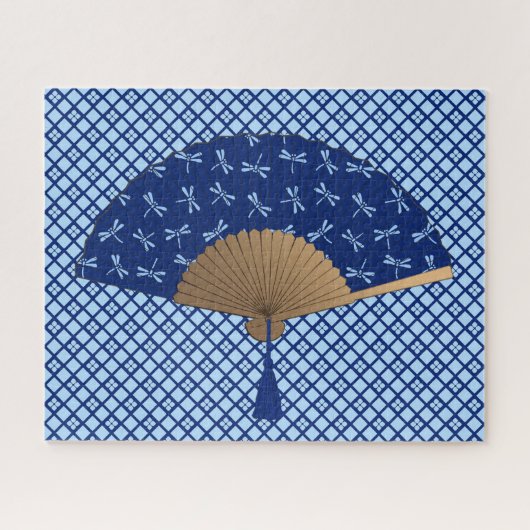 Japanese Fan, Dragonfly Pattern, Cobalt Blue Puzzle (Horizontal)