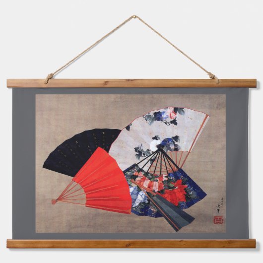 Japanese Five Fans, Hokusai, Ukiyoe Wandteppich Mit Holzrahmen (Vorne)