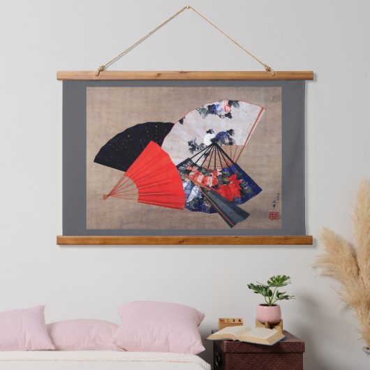 Japanese Five Fans, Hokusai, Ukiyoe Wandteppich Mit Holzrahmen (Schlafzimmer)