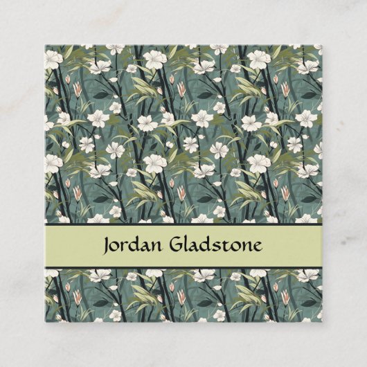 Japanese Floral Bamboo Sage Green Black Template Quadratische Visitenkarte (Vorderseite)