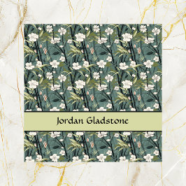 Japanese Floral Bamboo Sage Green Black Template  Quadratische Visitenkarte
