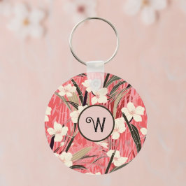 Japanese Floral in Salmon Pink White Red w Initial Schlüsselanhänger