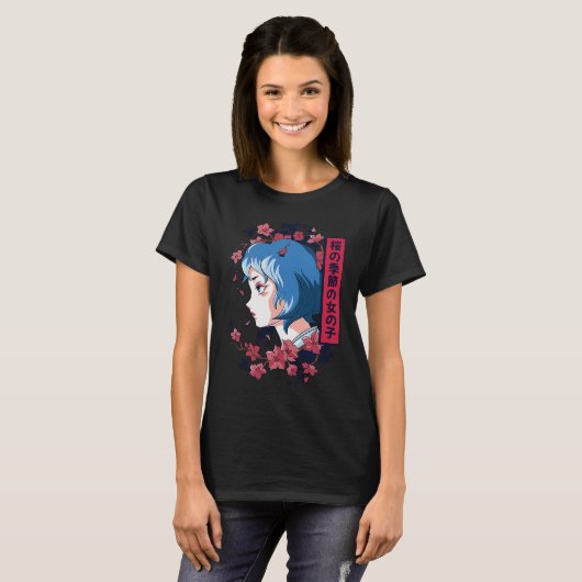 Japanese girl with cherry blossoms sakura Japanese T-Shirt (Vorne ganz)