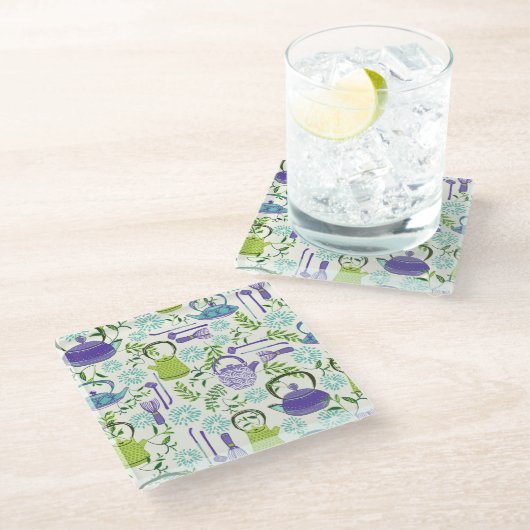 Japanese Green Teapot Design Glasuntersetzer (Schrägansicht)