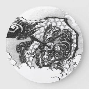 Japanese Ink Shishi Guardian Lion by Hokusai Große Wanduhr