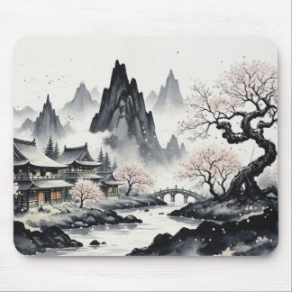 Japanese Ink Wash Landscape Mouse Pad - Zen Sakura Mousepad