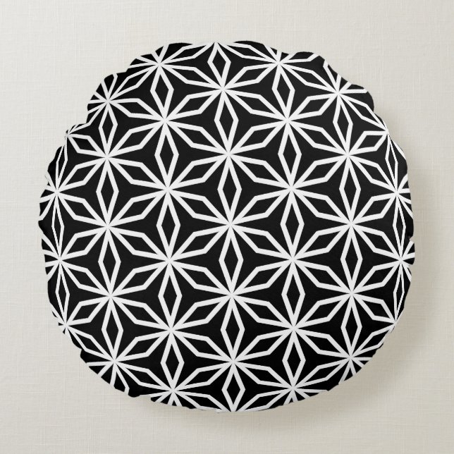 Japanese-Inspired Geometric Black and White  Rundes Kissen (Vorderseite)