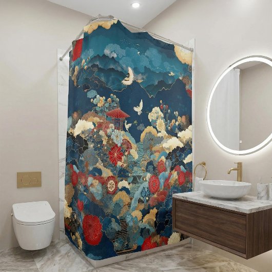 Japanese Inspired Luxury Bathroom Floral Art Duschvorhang