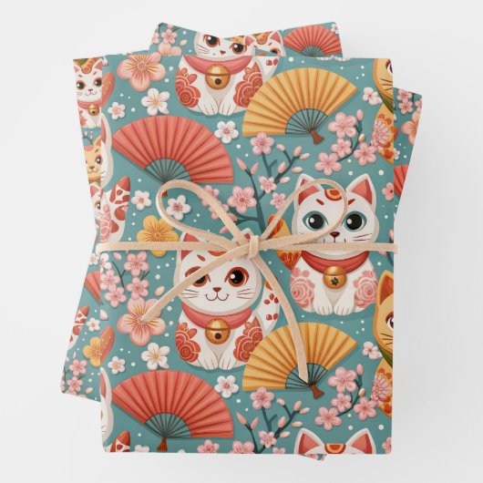 Japanese Kawaii Cats with Cherry Blossoms Birthday Geschenkpapier Set (Beispiel)