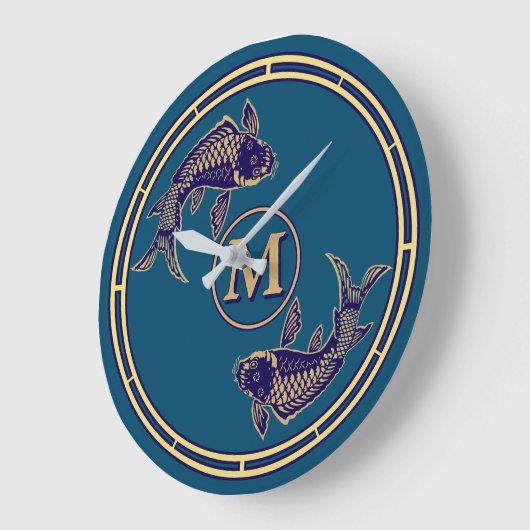 Japanese Koi Fish Monogram Große Wanduhr (Winkel)