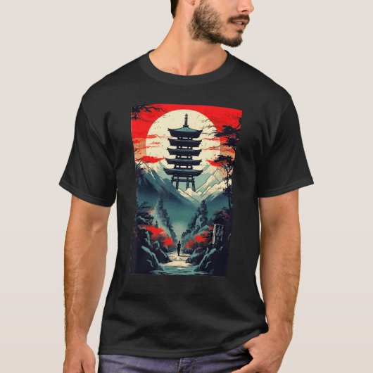 Japanese Landscape Mountains Valley Tower Sunset T-Shirt (Vorderseite)