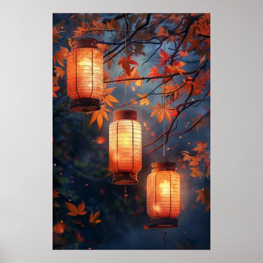 Japanese Lanterns at Night – Warm Watercolor Art Poster (Vorne)