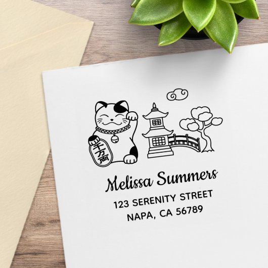 Japanese Lucky Cat, Maneki Neko Address 2 Gummistempel
