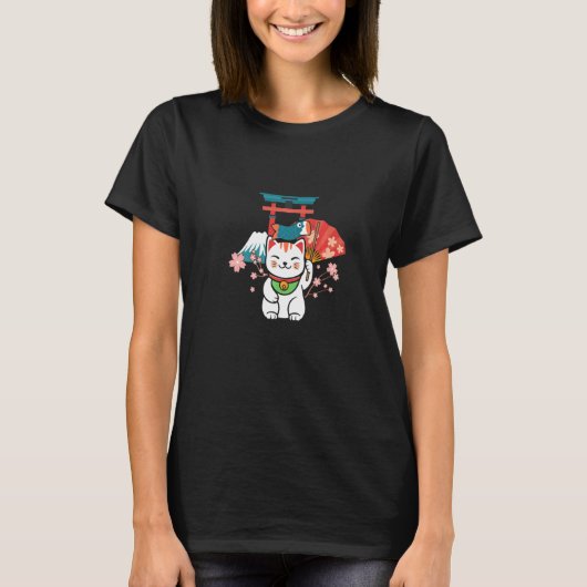 Japanese Lucky Cat Sakura Torii   T-Shirt (Vorderseite)