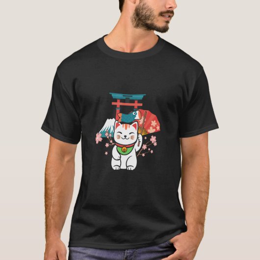Japanese Lucky Cat Sakura Torii T-Shirt (Vorderseite)