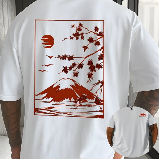 Japanese Mountain Sunset Sakura Blossom art  T-Shirt