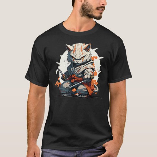 Japanese Ninja Cat Warrior Battle Pose Kawaii T-Shirt (Vorderseite)