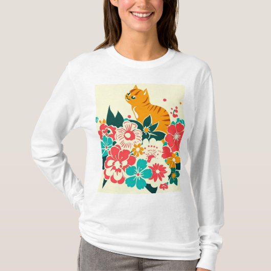 Japanese old scool cat and flowers T-Shirt (Vorderseite)