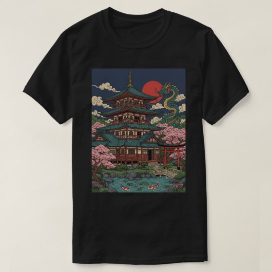 Japanese Pagoda Dragon Sunset T-Shirt (Design vorne)