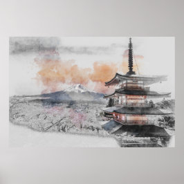Japanese Pagoda with Mount Fuji – Minimalist  Poster
