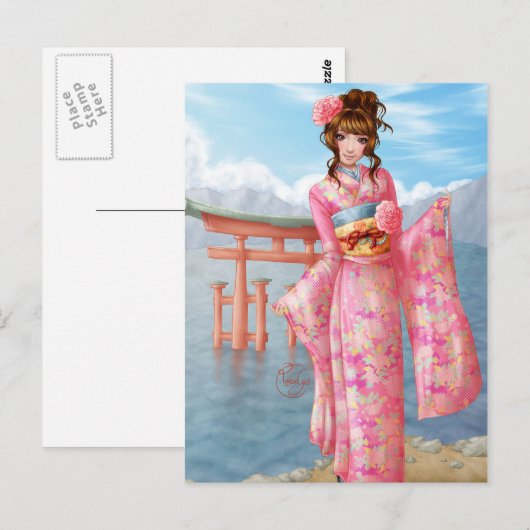 Japanese Pink Kimono Postkarte (Vorne/Hinten)